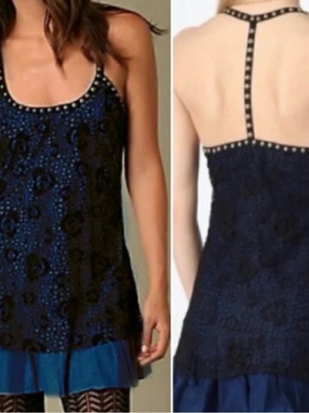 Free People Navy/Black Lace Mini Dress/Tunic Top with Studded Straps Size 2